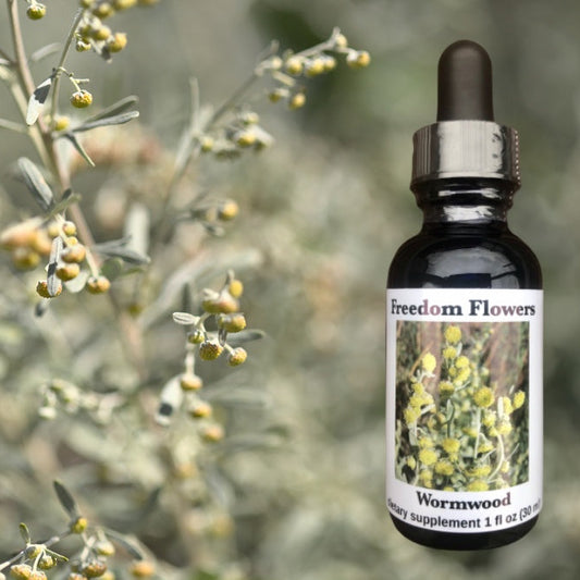 A bottle of Wormwood Flower Essence by Freedom Flowers, with an image of a plant in the background.